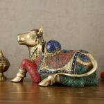 Brass Nandi Statue with Stonework | 15" x 21" x 11" | 22.5 kg | Intricate Stone Inlay | Traditional Hindu Temple Bull Sculpture | Sacred Art | Jaipurio